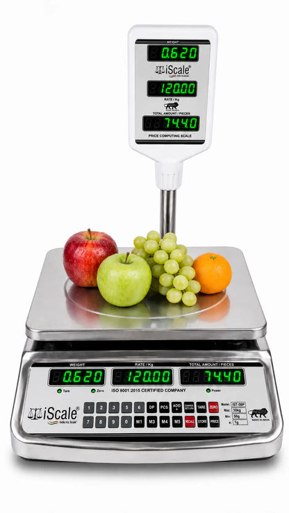 iScale i-08P: 30kg x 1g Price Computing & Piece Counting scale with stamp & certificate, SS Body, Front & Pole Green Display, Rechargeable