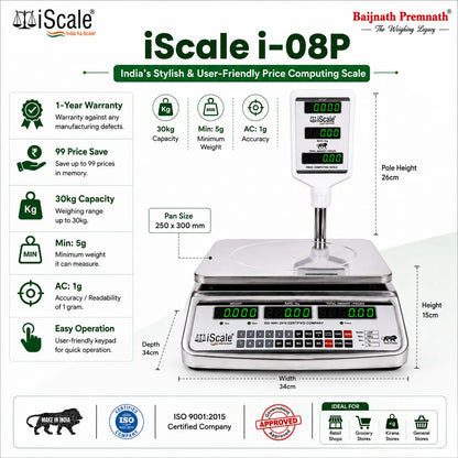 iScale i-08P: 30kg x 1g Price Computing & Piece Counting scale with stamp & certificate, SS Body, Front & Pole Green Display, Rechargeable