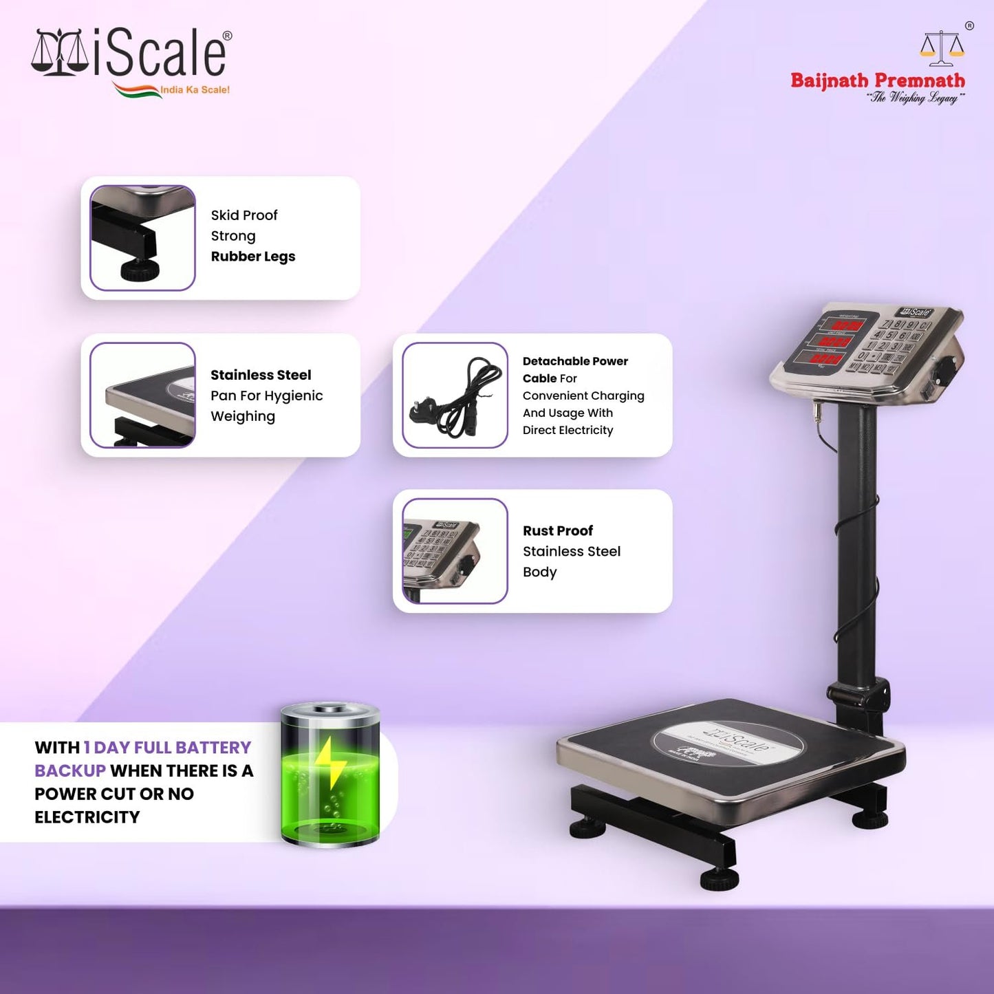 iScale i-10: 50kg x 5g Commercial Price Computing scale with stamp & certificate 20x30cm SS PanFront & Pole Red Display, Rechargeable
