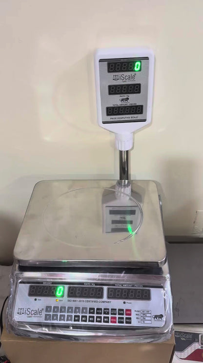 iScale i-08P: 30kg x 1g Price Computing & Piece Counting scale with stamp & certificate, SS Body, Front & Pole Green Display, Rechargeable
