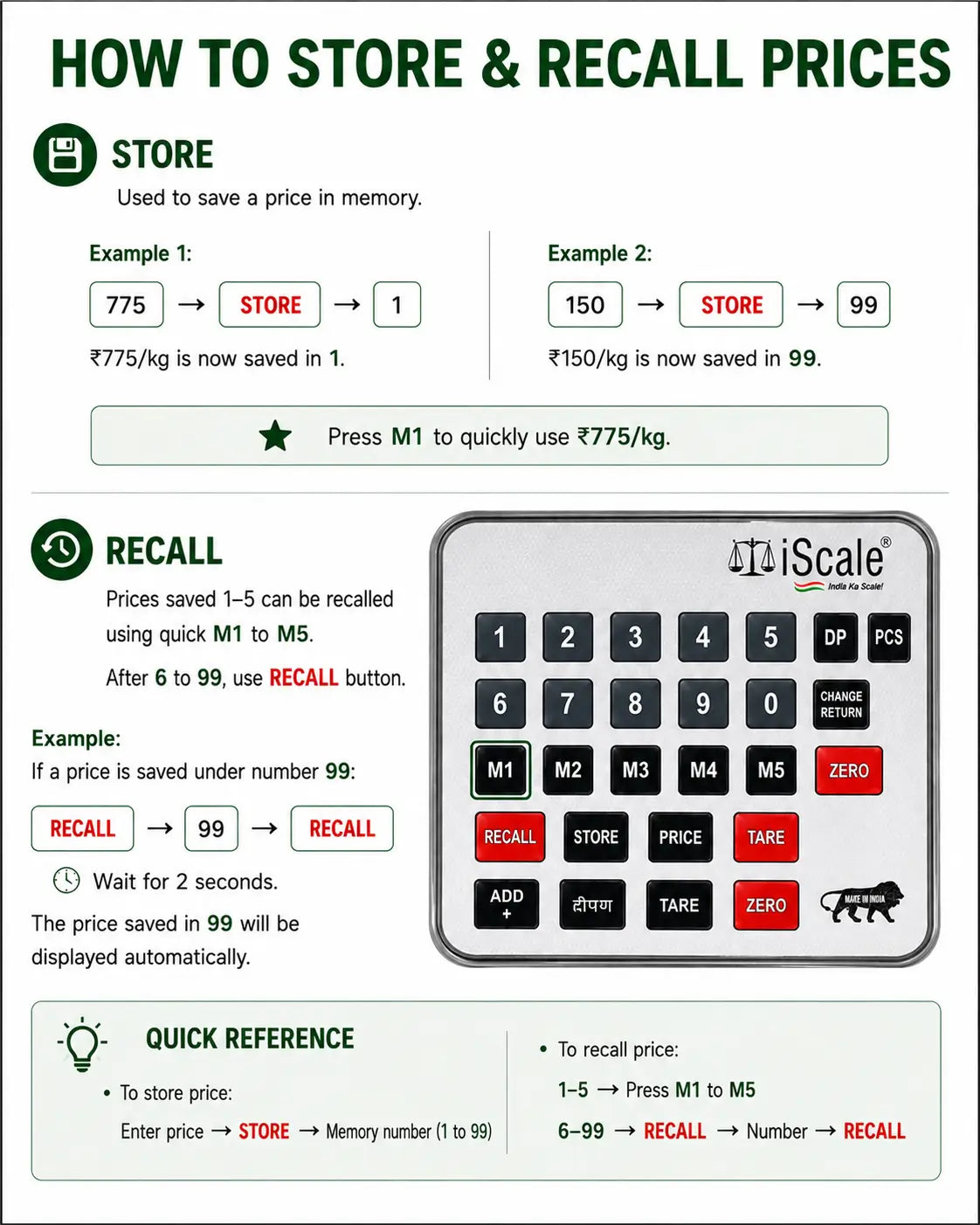 iScale i-08P: 30kg x 1g Price Computing & Piece Counting scale with stamp & certificate, SS Body, Front & Pole Green Display, Rechargeable