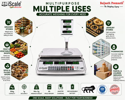 iScale i-08P: 30kg x 1g Price Computing & Piece Counting scale with stamp & certificate, SS Body, Front & Pole Green Display, Rechargeable