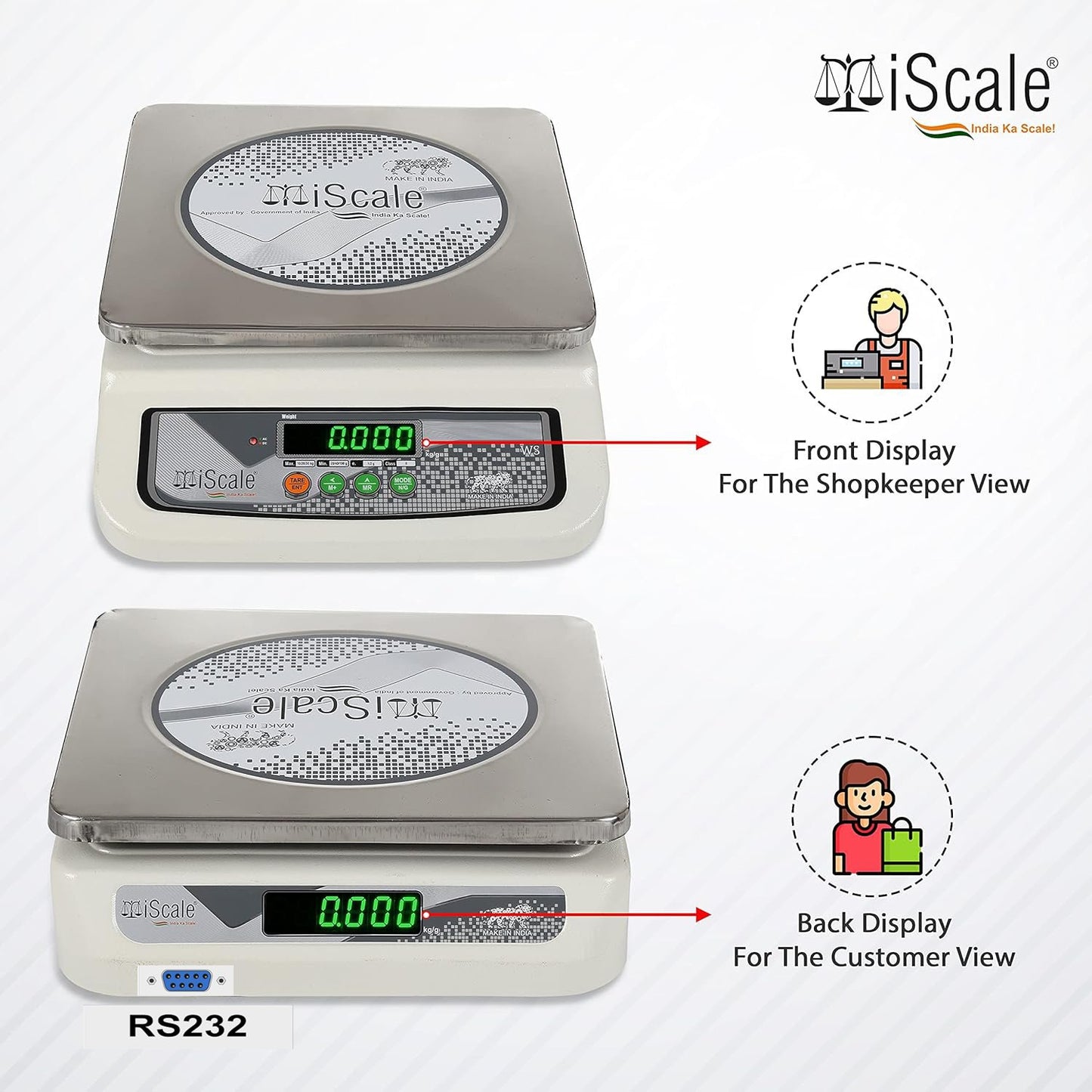 iScale i-06-RS232, 30kg x 1g commercial scale with stamp & certificate, 250x300mm SS Pan, Front & Back Green Display, Rechargeable