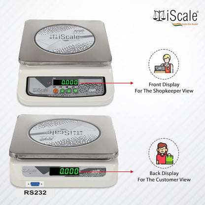iScale i-06-RS232, 30kg x 1g commercial scale with stamp & certificate, 250x300mm SS Pan, Front & Back Green Display, Rechargeable