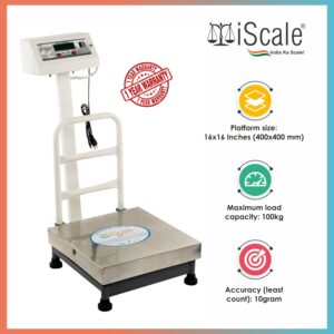 iScale Digital Platform Weighing Scale 100kg Capacity 10g Accuracy weight Machine Digital for shop, commercial and industrial use Stainless Steel platform size 16×16 Inches (400x400mm)