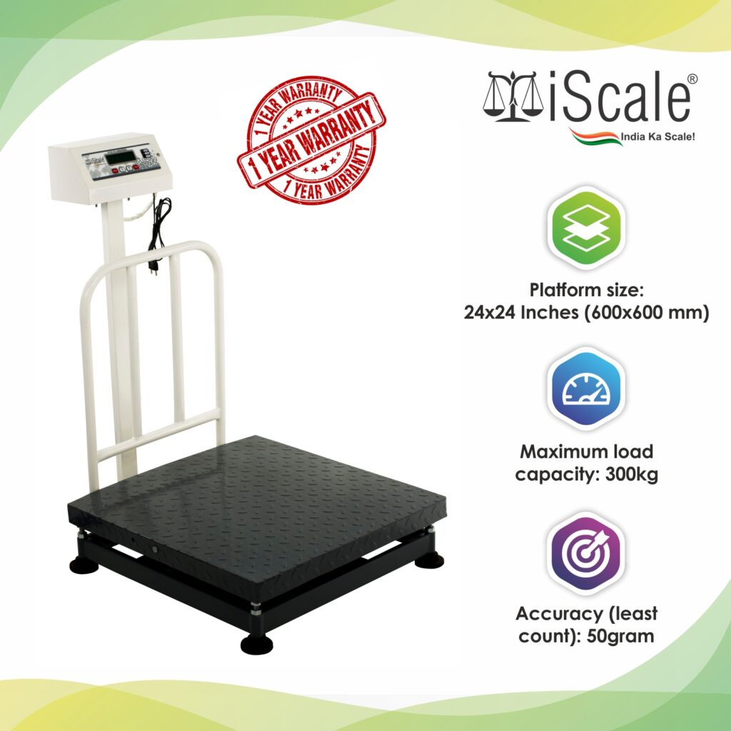 iScale Digital Platform Weighing Scale 300kg Capacity 20g Accuracy Weight Machine Digital for Shop, Commercial and Industrial use with Mild Steel Heavy Platform size 24×24 Inches (600x600mm)