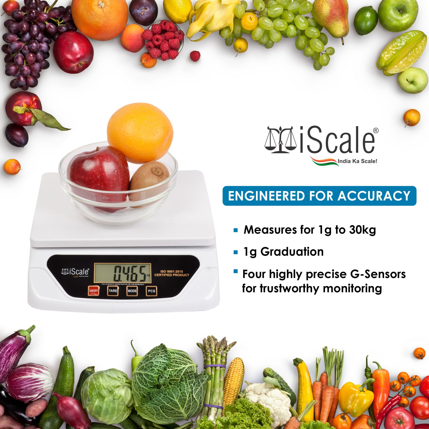 iScale i-500 30kg x 1g Electronic Kitchen and Multipurpose Weighing Machine with Direct Power Adapter; Small Pan Size 21.5 x 17.5 cm (For Domestic Research and Investigation Purpose)