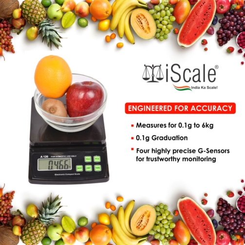iScale A126 6kg x 0.1g (100mg) Digital Kitchen & Multipurpose Weighing Machine small pan size 14.5 x 14.5 cm With Direct power adapter (For Domestic Research and Investigation Purpose)