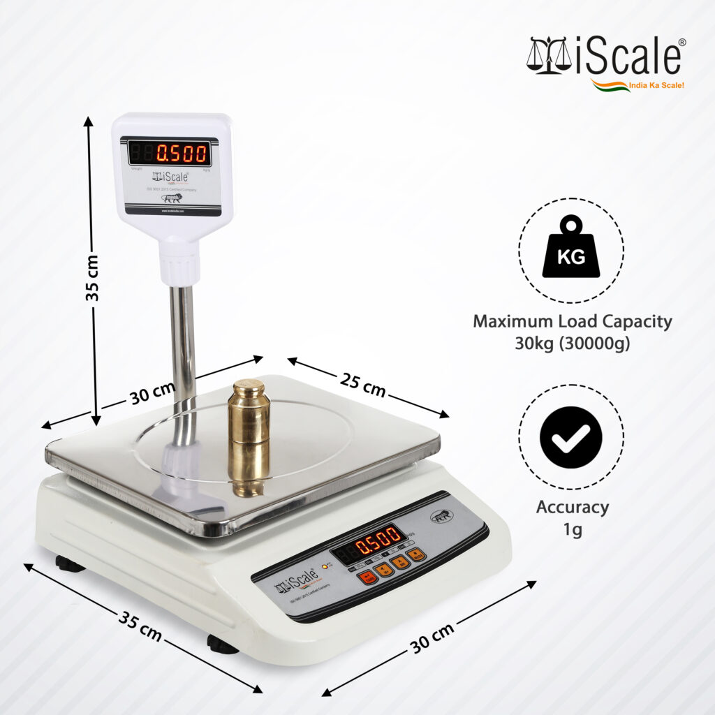 iScale i-01 Weight capacity 30kg x 1g Electronic Weighing Machine/Weighing Scale with Front and Pole Double Display (Red), With SS Pan for Shop, Kitchen and Commercial Purposes (10×12 inches, Silver)