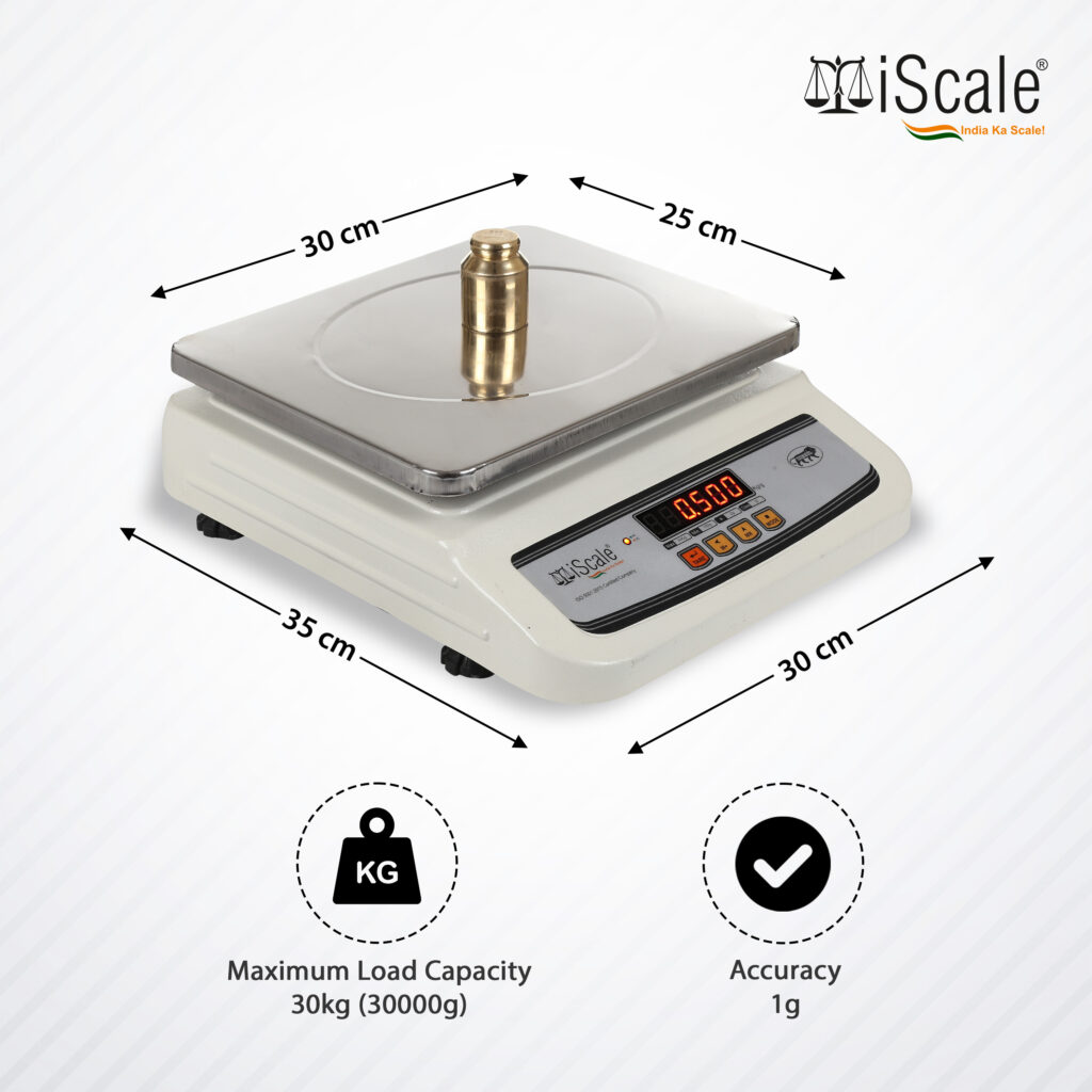 iScale i-02 Weight Capacity 30kg x 1g Digital Weighing Machine / Weighing Scale with Front and Back Double Display for Kirana Shop, Kitchen and Commercial Purposes (10×12 inches, Silver)
