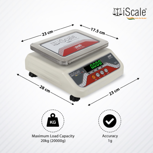 iScale i-04 Weight Capacity 20kg x 1g Digital Weighing Machine / Weighing Scale with Front and Back Green Double Display for Kirana Shop, Kitchen and Commercial Purposes