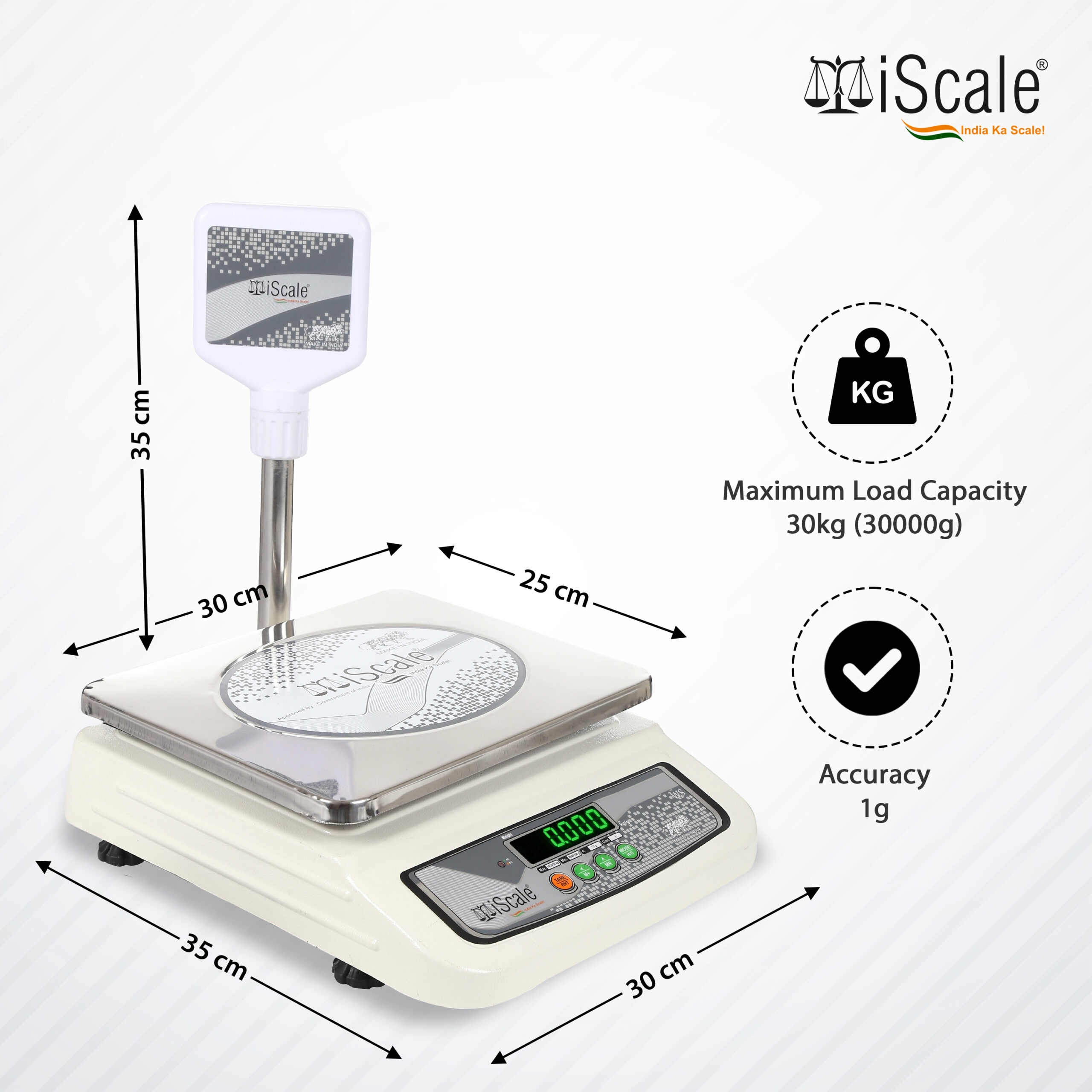 iScale i-05 Weight capacity 30kg x 1g Digital Weighing Machine / Weighing Scale with Front and Pole Double Display (Green), With Stainless Steel Pan size 10×12 inches, 250x300mm for Shop, Kitchen and Commercial Purposes
