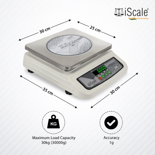 iScale i-06 Weight Capacity 30kg x 1g Accuracy, Electronic Chargeable Weighing Machine / Weighing Scale with Front & Back Double Green Display, Stainless Steel Pan, 10x12inches (25x30cm) for Kirana Shop, Kitchens and Factories.