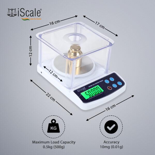 iScale High Accuracy 10mg (0.01g) Analytical Balance Weighing Scale for Labs and Gold Jewelry with Windshield Cover and Direct Electricity Supply Adapter & AAA Batteries (Off-White)