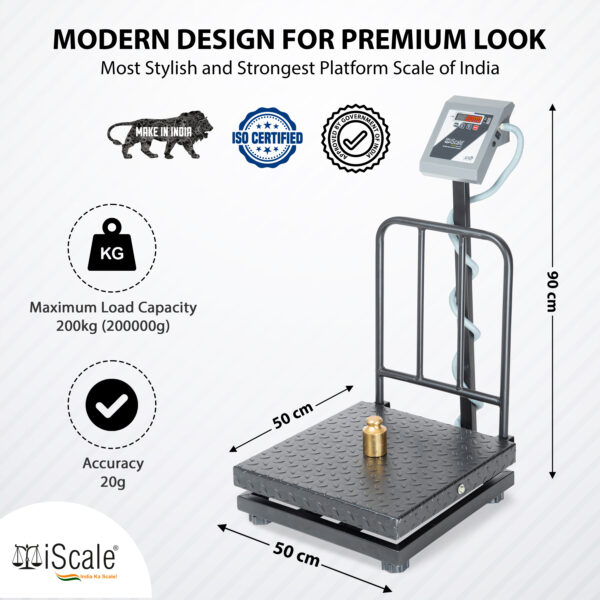 iScale i-17 Weight Capacity 200kg x 20g Accuracy, Chargeable Digital Weighing Machine/Electronic Weighing Scale with Front Back Double Red Display, Heavy-Duty Mild steel Chequered Pan size 20x20"