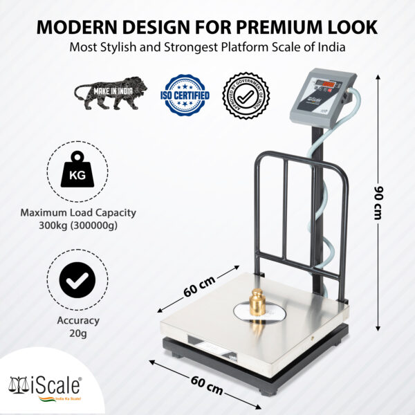 iScale i-18 Weight Capacity 300kg x 50g Accuracy,Chargeable Digital Weighing Machine/Electronic Weighing Scale with Front Back Double Red Display, Stainless Steel Pan size 24x24"